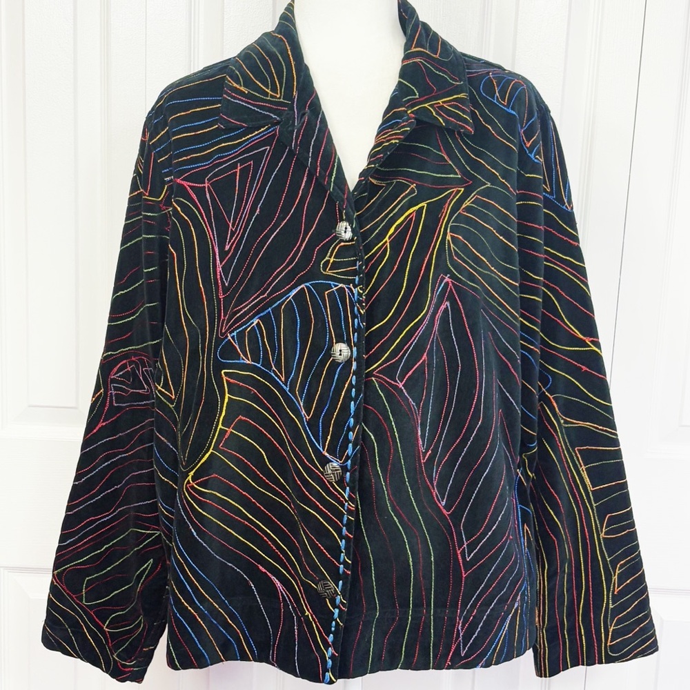 Chico's Black Velvet Colorful Embroidered Stripe Button Down Jacket Large